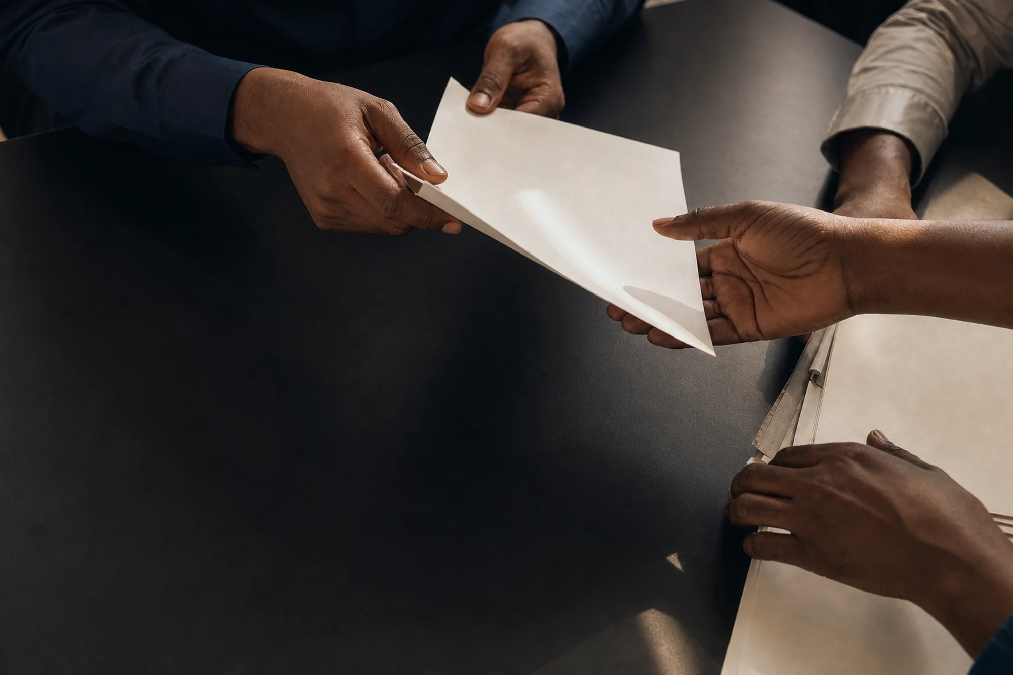 Mains échangeant des documents de travail autour d'une table, dans une lumière de matin