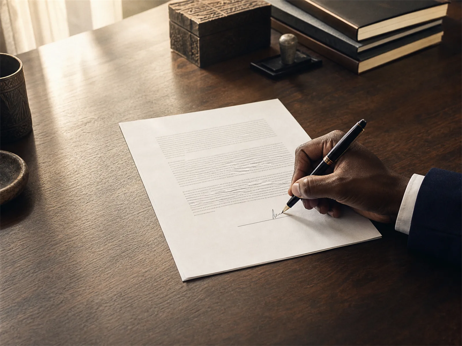 Main signant un document unique, geste décisif