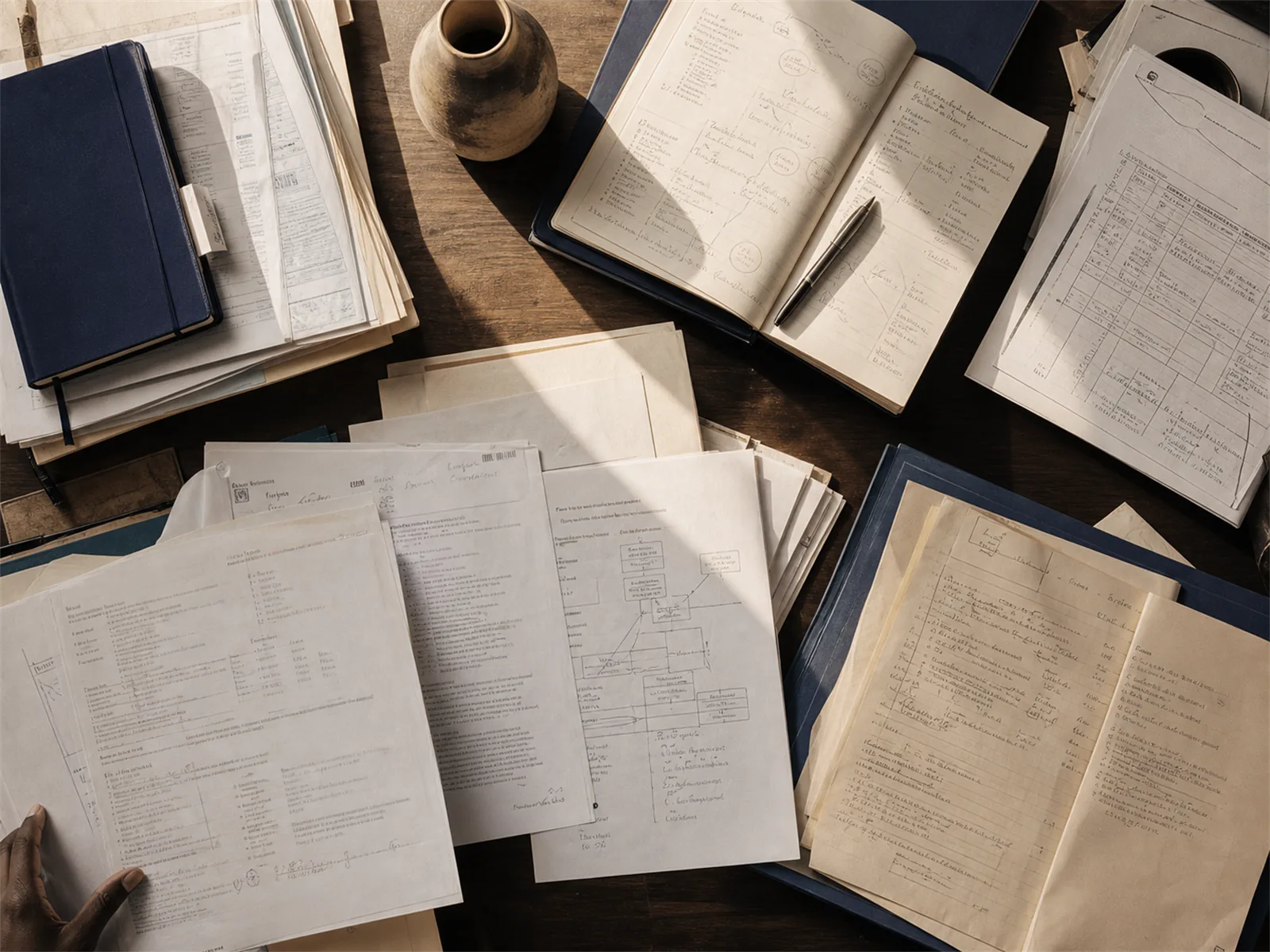 Bureau couvert de documents épars, en désordre